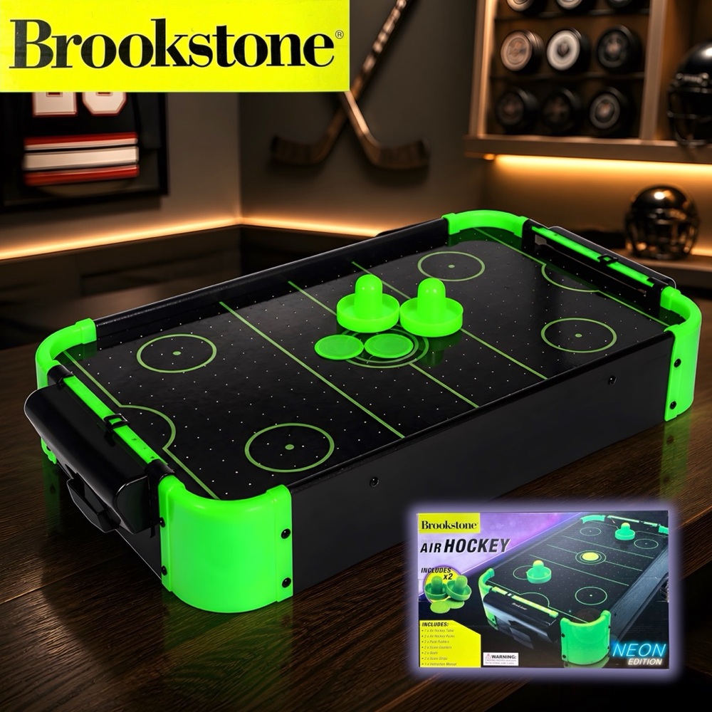 Brookstone Bright Colors Portable LED Neon Air Hockey Tabletop Game 21.8x12.2x3.
